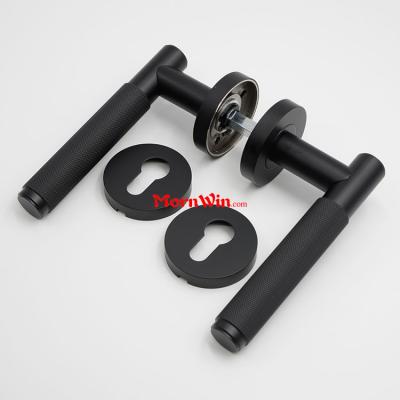 Black Solid Stainless Steel Knurled Door Handles On Rose