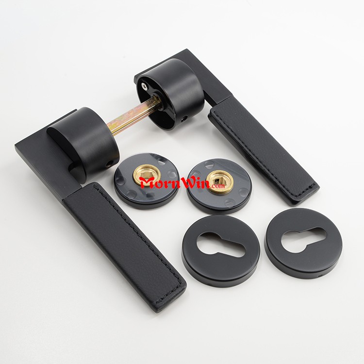 Modern Solid Stainless Steel Matte Black Leather Lever Door Handle Lockset